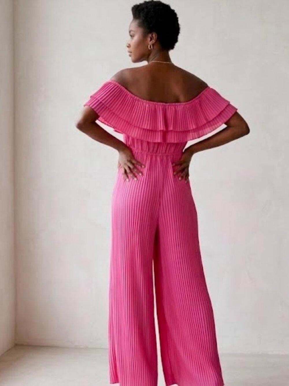 Nasty Gal Hot Pink Pleated Off-Shoulder Ruffle Barbiecore Glam Jumpsuit Size 10 - Picture 5 of 7